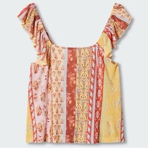 NWT Mango Committed Patchwork Ruffle Boho Floral Stripe Top – Size Large
